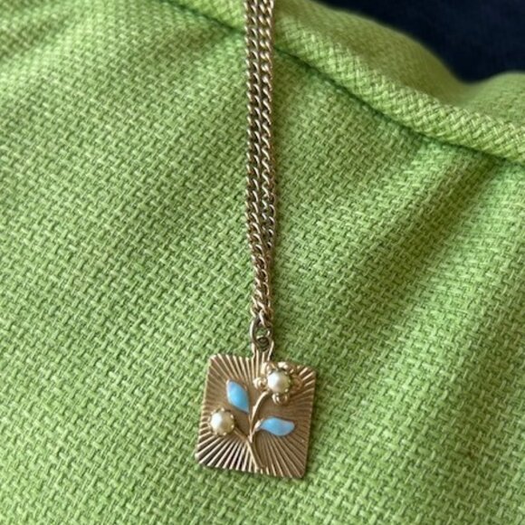 EMMONS Blue Enamel Pearl Flower Gold Choker NECKLACE - Picture 8 of 11